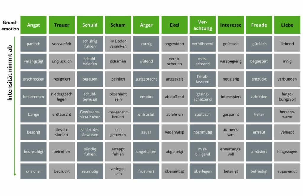 Liste Emotionen mit absteigender Gefühlsintensität